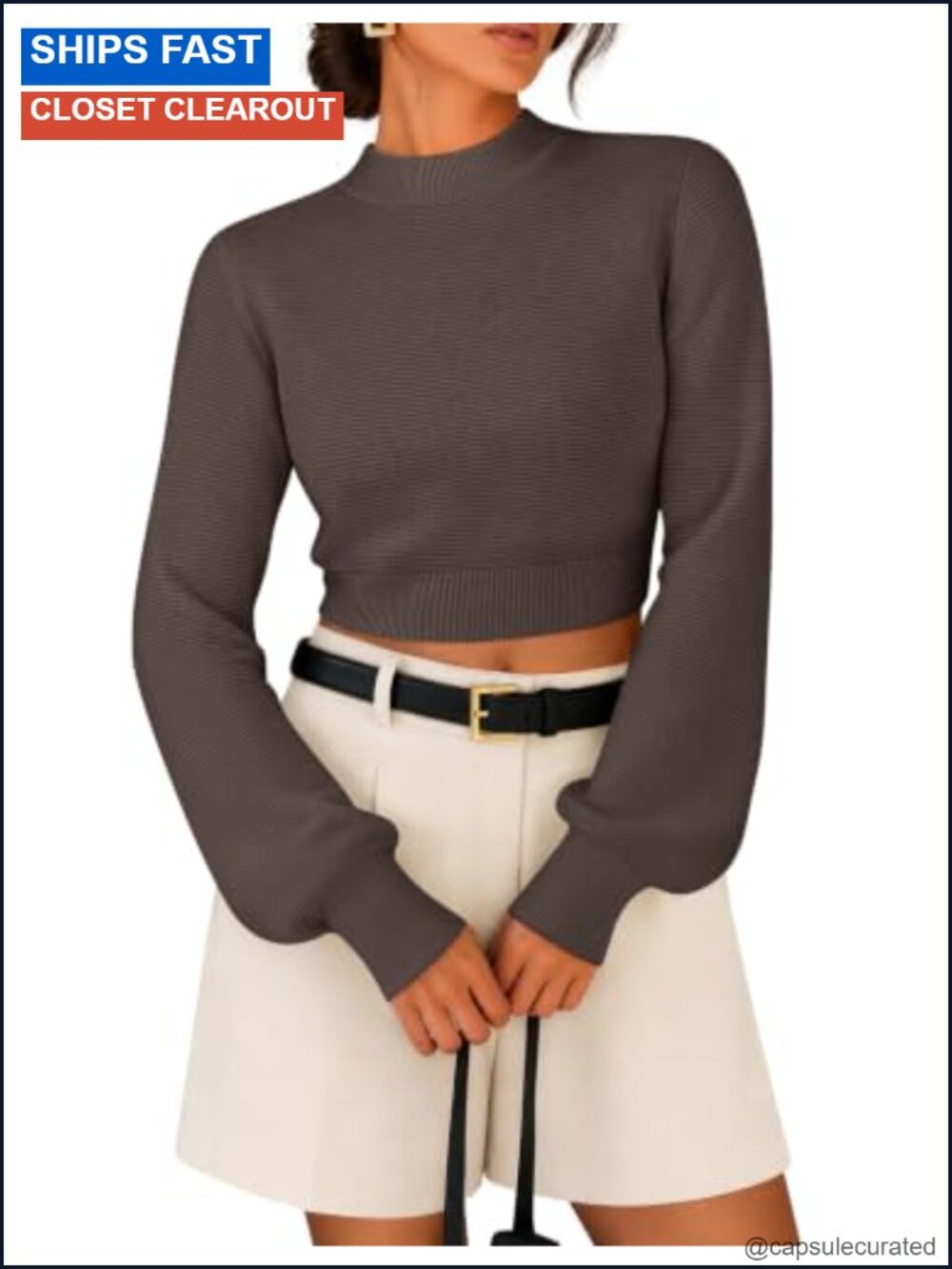 Womens Cropped Sweater Mock Neck Long Sleeve Ribbed Knit Pullover